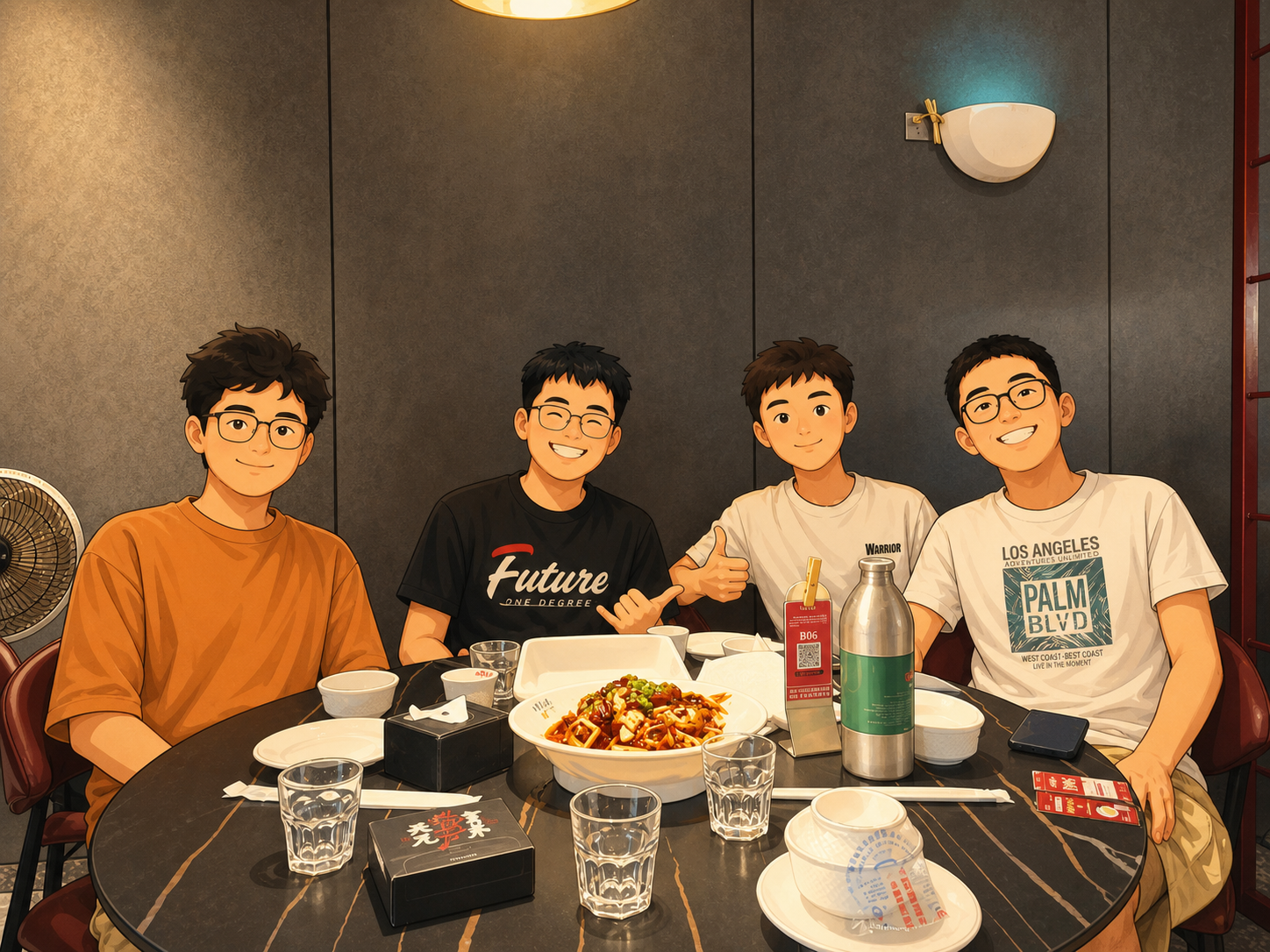 天宝兄弟餐桌前的四人合照
