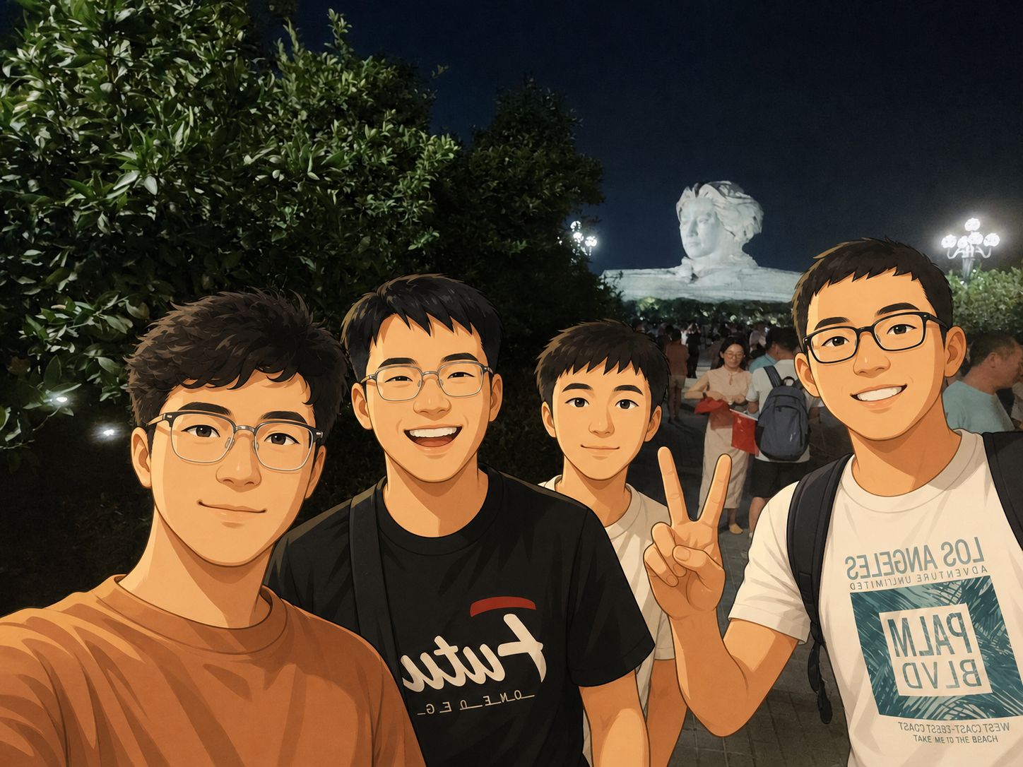 青年毛泽东艺术雕塑前的四人合照
