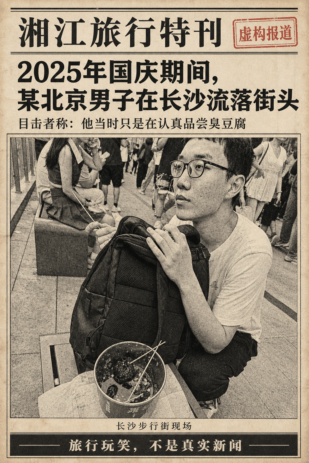 旅行玩笑：某北京男子在长沙街头认真品尝臭豆腐