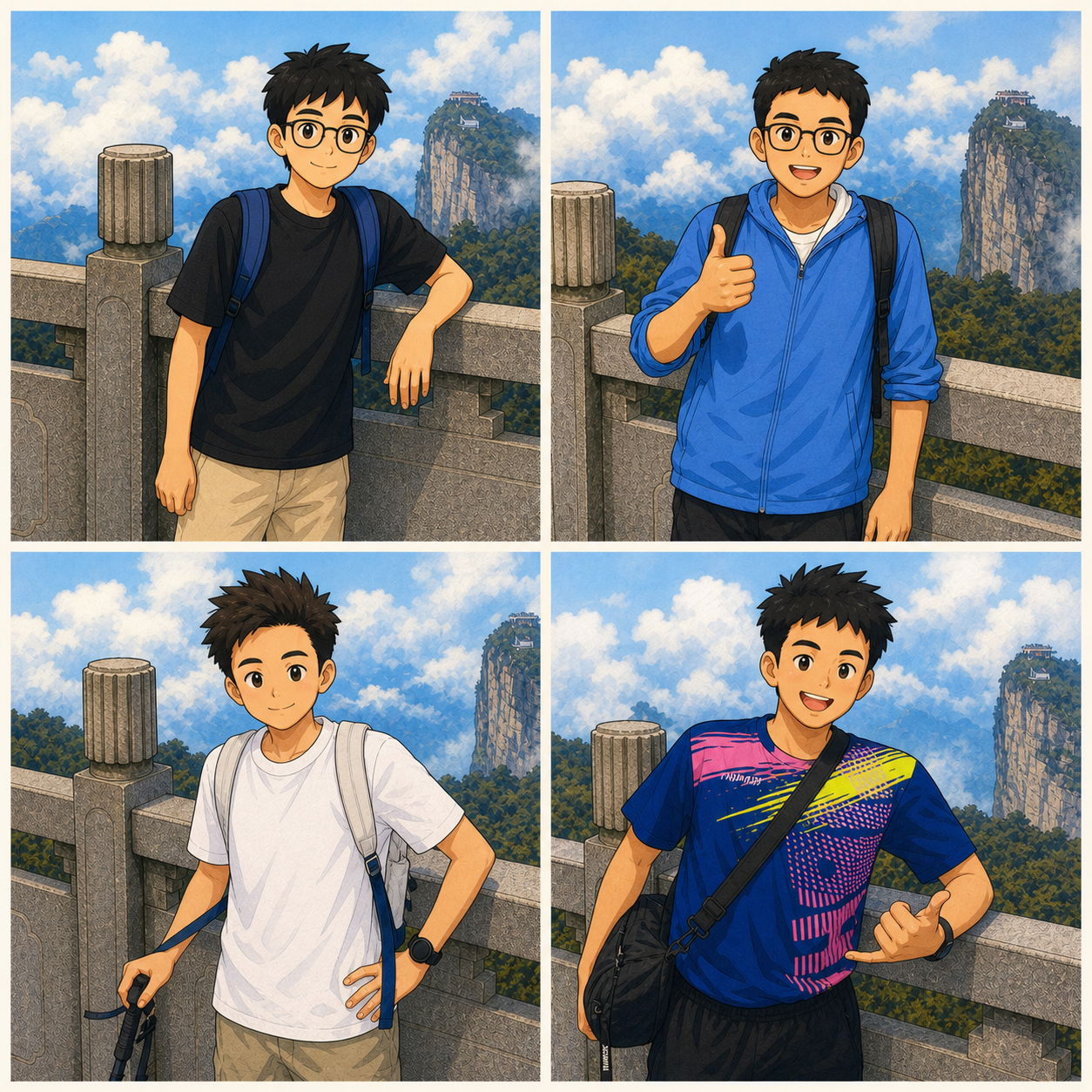 四人在天门山顶栏杆前的单人留影