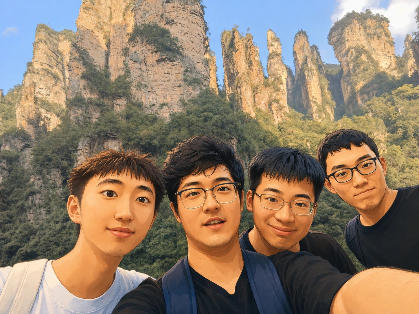 百龙天梯山下、群峰之前的四人合照